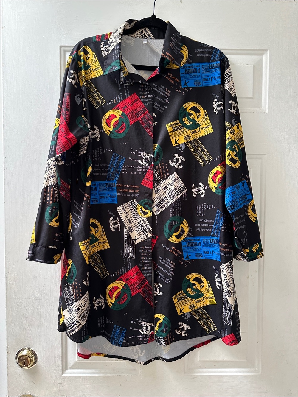 Women’s Black Longline Button Shirt with Multicolor Graphic Print